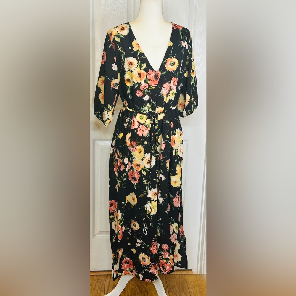 Suzanne Somers Dress Maxi Floral Colorful Tie Front V Neck Size 2 (12-14)